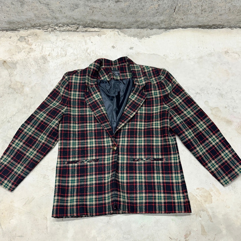 Southern Lady Blazer Plaid Wool Blend Green Red Made in USA Vintage 7/8 Coat